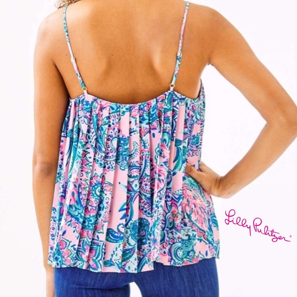 Lilly Pulitzer Rein Pleated Tank in Pink Tropics Print - Picture 2 of 9